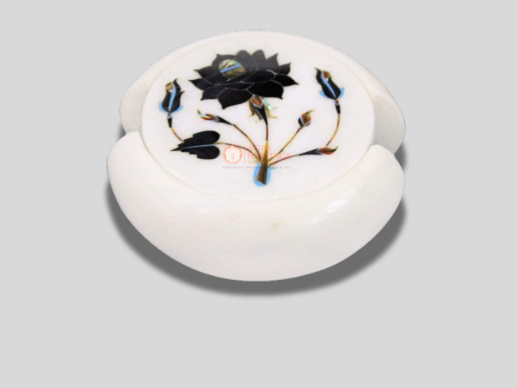 White Marble Coaster Set Pietra Dura Floral Inlaid Art